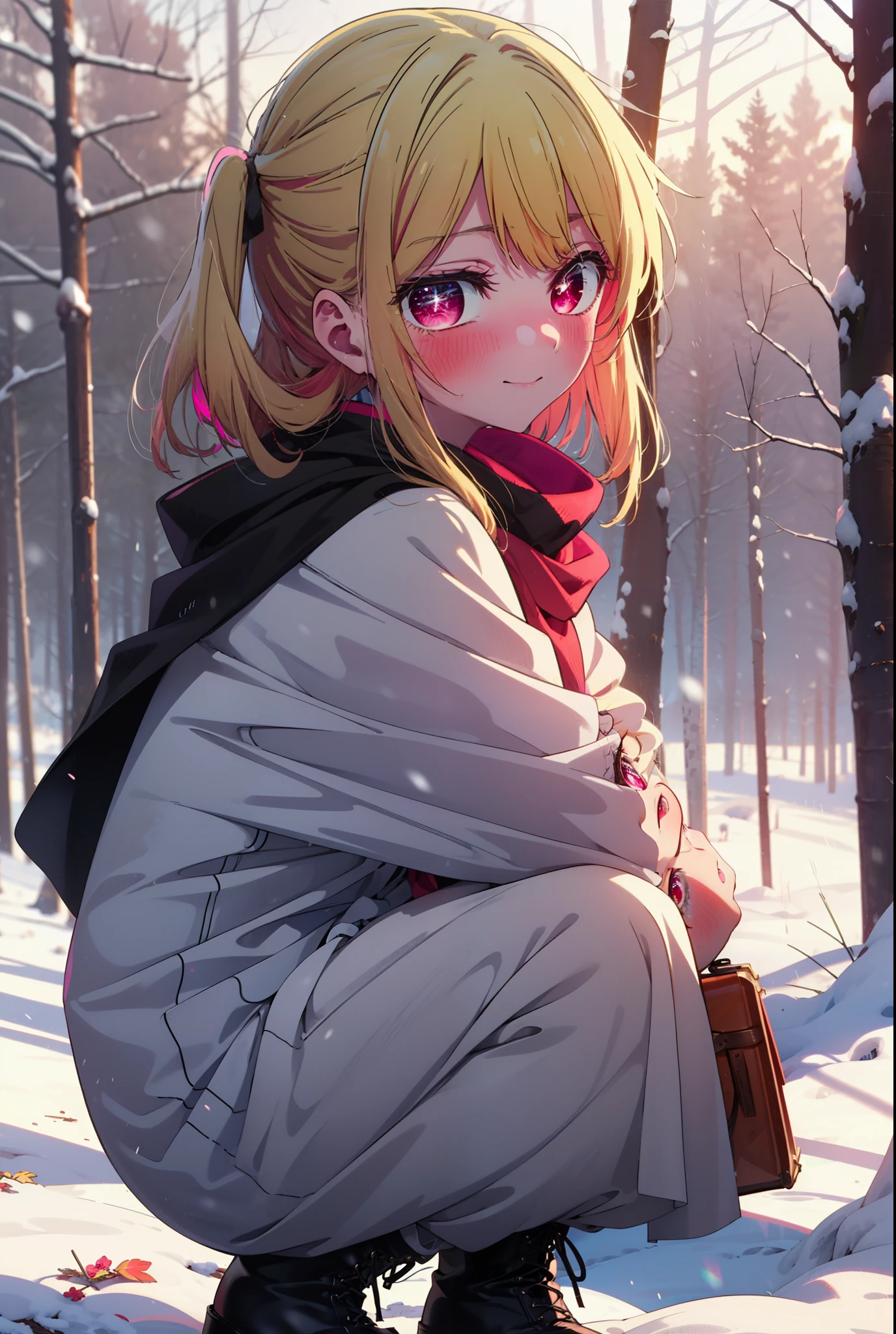 rubyhoshino, Hoshino Ruby, Long Hair, bangs, blonde, (Pink Eyes:1.3), Side Lock, (Symbol-shaped pupil:1.5), Multicolored Hair, Two-tone hair, smile,,smile,blush,white breath,
Open your mouth,snow,Ground bonfire, Outdoor, boots, snowing, From the side, wood, suitcase, Cape, Blurred, , forest, White handbag, nature, Squat, Mouth closed, Cape, winter, Written boundary depth, Black shoes, red Cape break looking at viewer, Upper Body, whole body, break Outdoor, forest, nature, break (masterpiece:1.2), Highest quality, High resolution, unity 8k wallpaper, (shape:0.8), (Beautiful and beautiful eyes:1.6), Highly detailed face, Perfect lighting, Extremely detailed CG, (Perfect hands, Perfect Anatomy),
