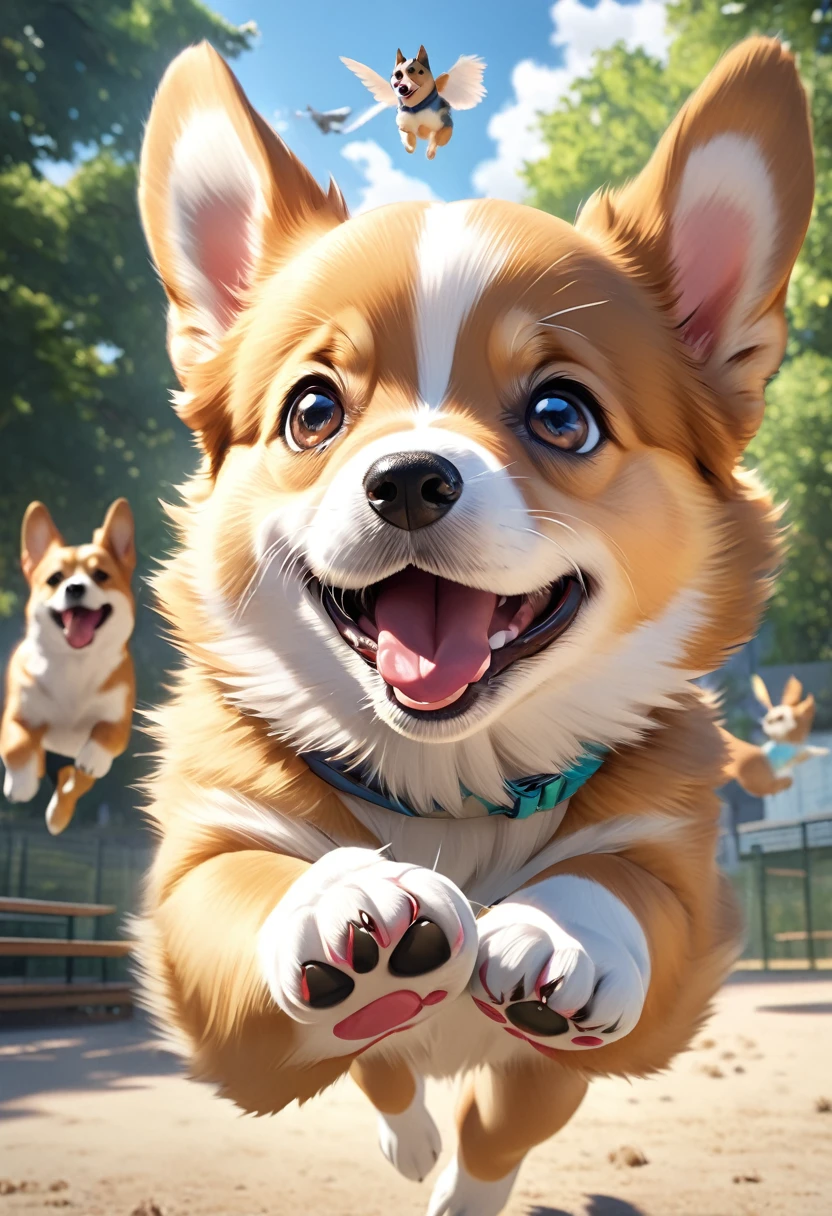 flying puppy, cute Welsh Corgi puppy, puppy dynamically flying high towards the girl at the dog park, beautiful and stunning flight form, fun and happy expression, highly detailed, photorealistic, 8K, masterpiece, ultra-realistic, photorealistic:1.37, HDR, UHD, highres, beautiful fur textures, playful expressions, vibrant colors, natural light, depth of field, action shots