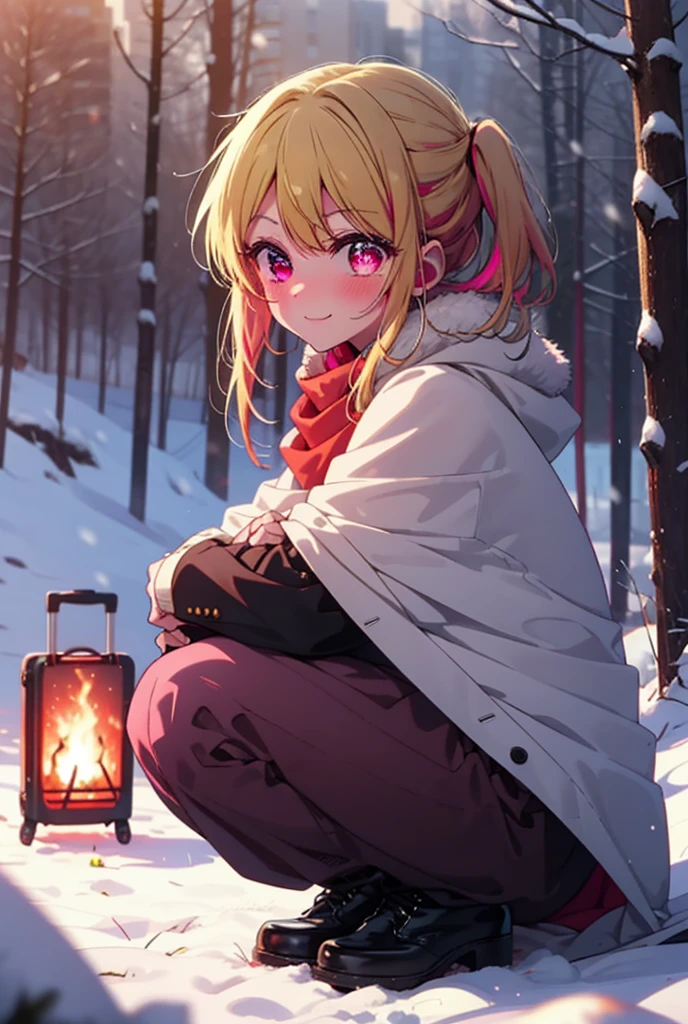 rubyhoshino, Hoshino Ruby, Long Hair, bangs, blonde, (Pink Eyes:1.3), Side Lock, (Symbol-shaped pupil:1.5), Multicolored Hair, Two-tone hair, smile,,smile,blush,white breath,
Open your mouth,snow,Ground bonfire, Outdoor, boots, snowing, From the side, wood, suitcase, Cape, Blurred, , forest, White handbag, nature, Squat, Mouth closed, Cape, winter, Written boundary depth, Black shoes, red Cape break looking at viewer, Upper Body, whole body, break Outdoor, forest, nature, break (masterpiece:1.2), Highest quality, High resolution, unity 8k wallpaper, (shape:0.8), (Beautiful and beautiful eyes:1.6), Highly detailed face, Perfect lighting, Extremely detailed CG, (Perfect hands, Perfect Anatomy),