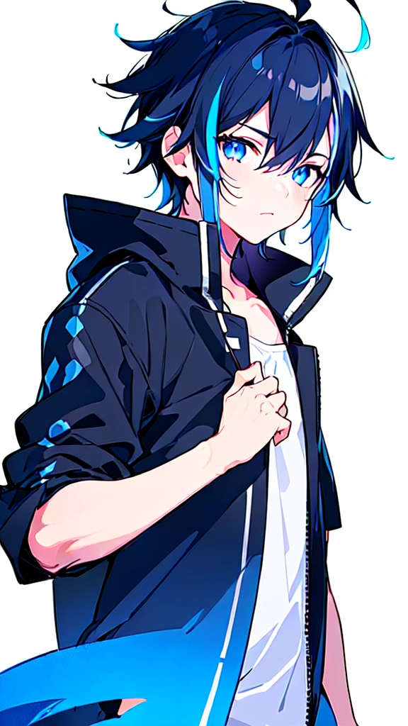 [(WHITE BACKGROUND:1.5),::5], ((((masterpiece)))), high quality, ultra very high resolution, full color, (((solo))), ((little boy)), BLACK hair, ((Blue streaked hair)), (oriental deepblue eyes), anime, ((upper body)), Summer clothes, neon light, black parka,