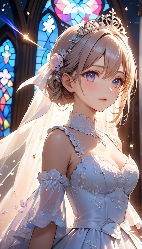 Highest quality, Great quality, 16K, Unbelievably absurd, Very detailed, 2.5D, delicate and dynamic, church, Brightly colored stained glass, Small faint lights and flying fireflies, night, Starry Sky, milky way, nebula, shooting star, Flowers, Wind and Moon, Very delicate look, Delicate eye depiction, Upper body close-up, erotic, Only sexy women, Healthy body shape, 19-year-old female, bride, height: 155cm, big, Hard, Swaying bust, Colorful Tiaras, Long wedding dress with complex structure, pink long wedding dress, See-through long ruffle wedding dress, Long cape from head