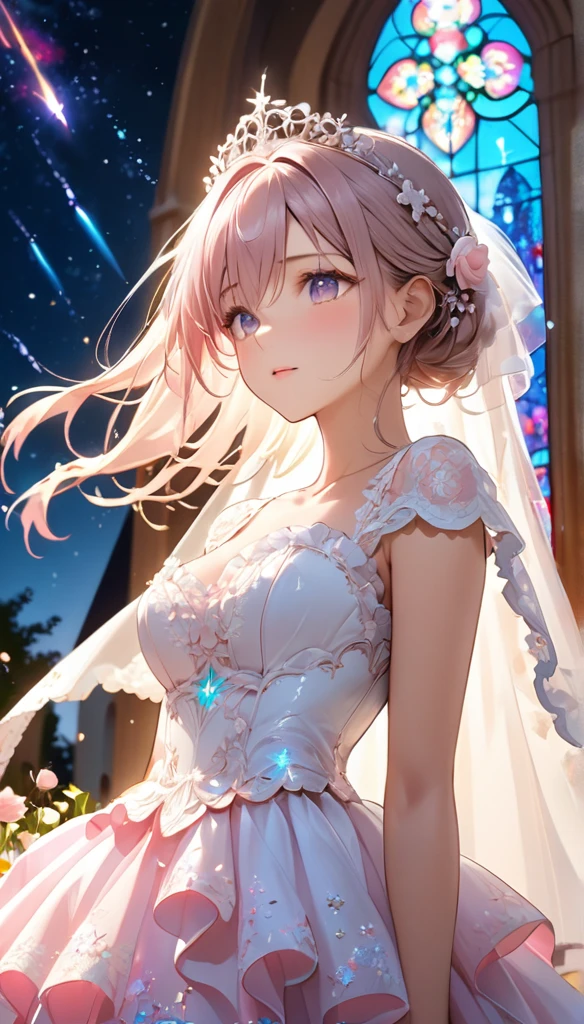 Highest quality, Great quality, 16K, Unbelievably absurd, Very detailed, 2.5D, delicate and dynamic, church, Brightly colored stained glass, Small faint lights and flying fireflies, night, Starry Sky, milky way, nebula, shooting star, Flowers, Wind and Moon, Very delicate look, Delicate eye depiction, Upper body close-up, erotic, Only sexy women, Healthy body shape, 19-year-old female, bride, height: 155cm, big, Hard, Swaying bust, Colorful Tiaras, Long wedding dress with complex structure, pink long wedding dress, See-through long ruffle wedding dress, Long cape from head