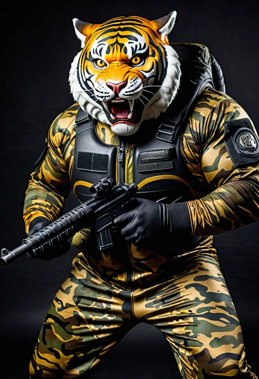 (a dark-skinned fat muscular old man in a bulky camouflage zipper diver suit) shooting with a gun and (wearing roaring siberian tiger mask that show the wearer eyes), muscular, Basuki Abdullah, sumatraism, action, a character portrait, heroic, fierce, snarling, raising fist, best quality