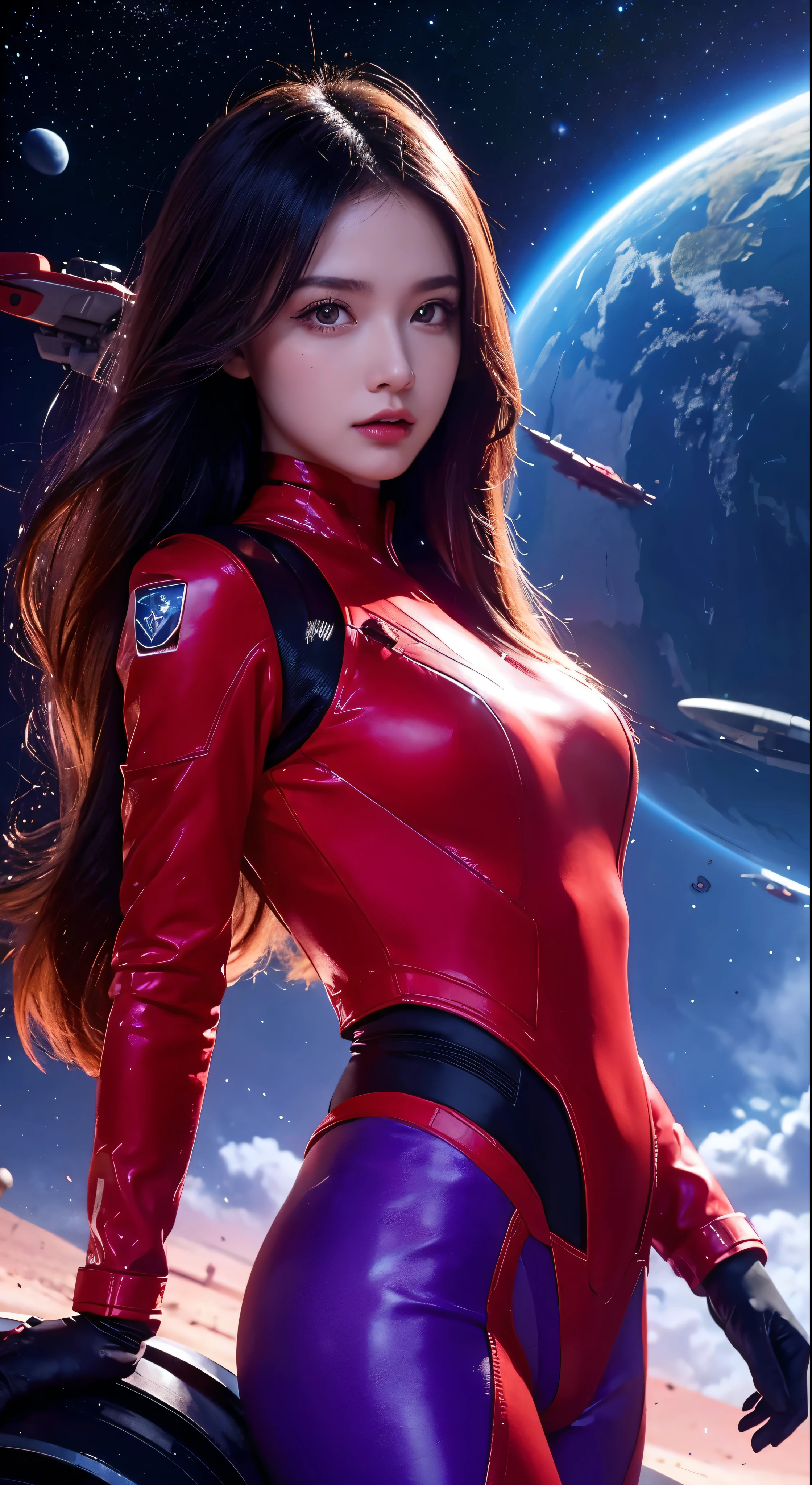 Arafe image of a woman in a futuristic red suit with a spaceship in the background、In front of the planet background、Cinematic art、Female protagonist、Megastructure in the background、AI Astronaut Portrait、Astronaut Skeletor portrait、Perfect android girl、Beautiful astronaut，Facial details