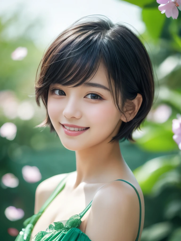 Beautiful and delicate portrait of a playful cute girl with boyish short hair, Black Hair, Emerald Green Sea, Mischievous Smile, Dancing Petals, (Highest quality, masterpiece, Ultra-realistic) Floating petals in the background