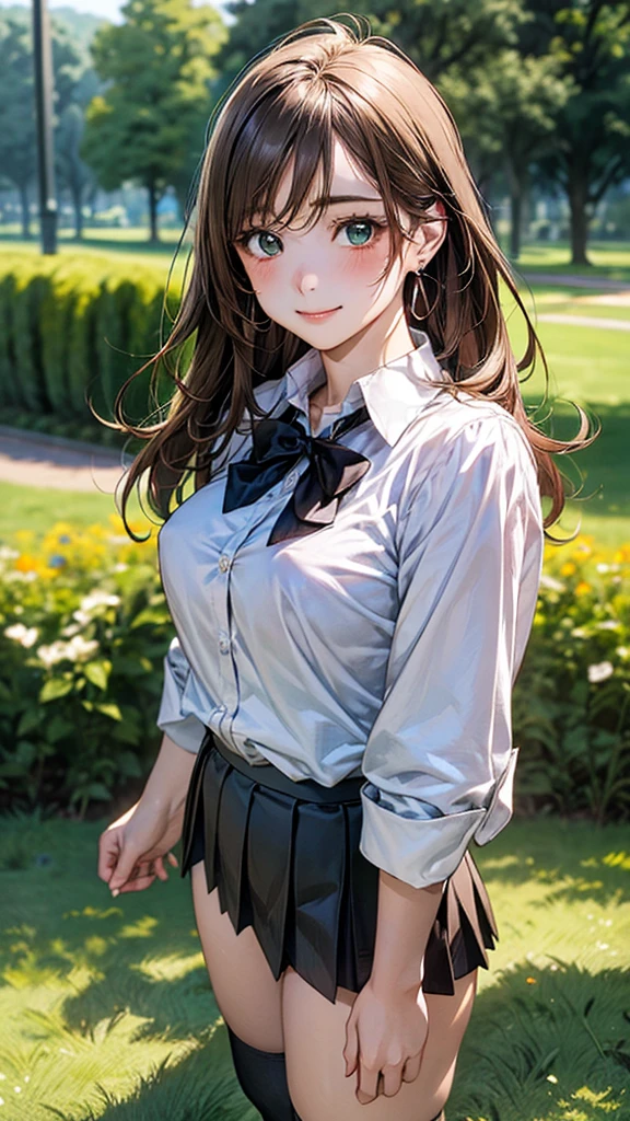 (masterpiece:1.2, top-quality), (realistic, photorealistic:1.4), beautiful illustration, (natural side lighting, movie lighting), 
looking at viewer, cowboy shot, front view:0.6, 1 girl, japanese, high school girl, perfect face, cute and symmetrical face, shiny skin, 
(long hair:1.8, straight hair:1.7, light brown hair), parted bangs, emerald green eyes, long eye lasher, (large breasts:0.9, thick thighs), 
beautiful hair, beautiful face, beautiful detailed eyes, beautiful clavicle, beautiful body, beautiful chest, beautiful thigh, beautiful legs, beautiful fingers, 
((, white collared shirts, black pleated mini skirt, black socks, brown loafers, red bow tie)), break, hoop ring earrings, pink panties, In the grass of the meadow, I stand alone.
Her face is bright red, her brow is furrowed, her mouth is open, and she looks delighted. Her large breasts and nipples stood out even through her shirt. The skirt is shorter than normal, but even shorter. The girl has brown hair.

(Very short skirt).
(beautiful scenery),

(Very short skirt).
