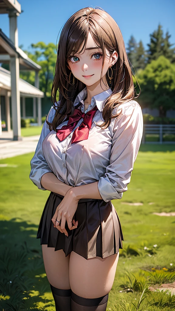 (masterpiece:1.2, top-quality), (realistic, photorealistic:1.4), beautiful illustration, (natural side lighting, movie lighting),
looking at viewer, cowboy shot, front view:0.6, 1 girl, japanese, high school girl, perfect face, cute and symmetrical face, shiny skin,
(long hair:1.8, straight hair:1.7, light brown hair), parted bangs, emerald green eyes, long eye lasher, (large breasts:0.9, thick thighs),
beautiful hair, beautiful face, beautiful detailed eyes, beautiful clavicle, beautiful body, beautiful chest, beautiful thigh, beautiful legs, beautiful fingers,
((, white collared shirts, black pleated mini skirt, black socks, brown loafers, red bow tie)), break, hoop ring earrings, pink panties, In the grass of the meadow, I stand alone.
Her face is bright red, her brow is furrowed, her mouth is open, and she looks delighted. Her large breasts and nipples stood out even through her shirt. The skirt is shorter than normal, but even shorter. The girl has brown hair.
(Very short skirt).
(beautiful scenery),
(Very short skirt).