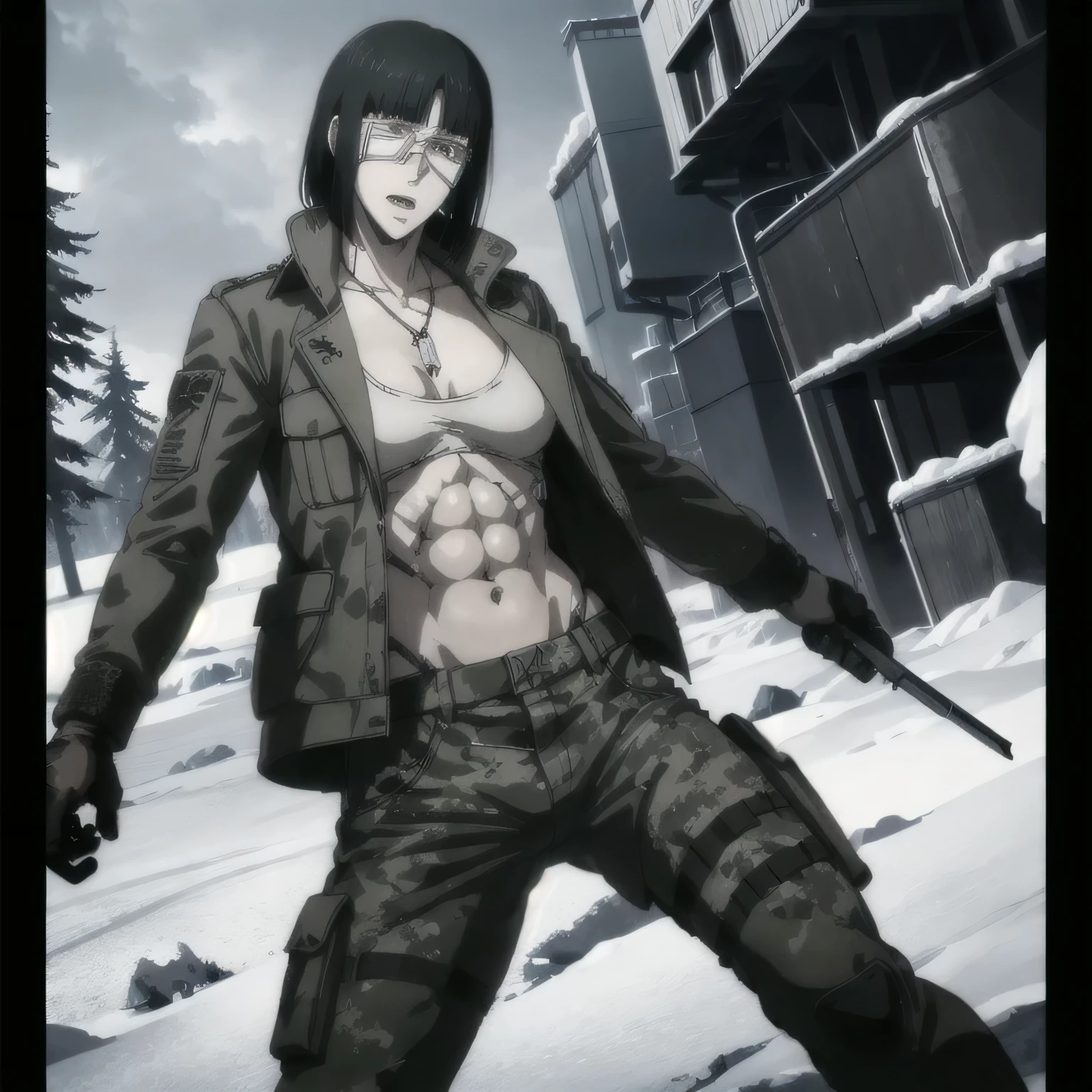 best quality,ultra-detailed,realistic:1.37),musclaur badass girl with sculpted body with preview her musclaur body, full review of the female character's face and body, intense expression, strong and confident posture, studio lighting, vivid colors, physiologically-based rendering, grungy texture, rugged background, dust particles in the air, commanding presence, professional, powerful, gritty aesthetics,,Valmet،short hair,necklace,clean clothes,wearing black Winter jacket and Camouflage combat trousers,( girl solo),eyepatch,eyes detailing,fat free body,penis growth inside trousers,Photo session,Matching remix,ice mountain