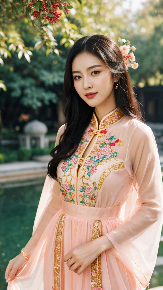 
---

Perfect pink eyes, fantastic face, Chinese, beautiful look, ((front view, woman, 20 years old, full body view, silky black hair, the eye of wisdom)), ((traditional Chinese outfit, red and gold, intricate embroidery, body hair ornaments)), elegant updo, big, graceful cleavage, better body parts details and lighting, delicate features, Korean makeup, serene smile, traditional garden, fountain, small breasts, skin detailed, slender figure, flowing hanfu dress, whole body, traditional silk stockings, blurred gray tones background, ultra focus, face illumined, face detailed, 8k resolution, painted, dry brush, brush strokes, razumov style and garmash style, by Tokaito, (fluorescent colours: 1.4), (semi transparent: 1.4), (retro filters: 1.4), (fanciful: 1.4), Candy World Disneyland Ethereal Soft Fluffy Soft Landscape Forest Snowflake Pale Pink Sky Green Blue Sparkling Ethereal Light Soft Whimsical Light Rainbow Stars Diamond Sparkle Gemstone Background Ultra Realistic Ultra High Quality Cinematic Lighting Huge Details Full HD Painting Plenty of light, diagonal bangs, dress with collar, side masterpiece, best quality, realskin, (sportrait: 1.5), 1girl, blunt bangs, long black hair.

---

