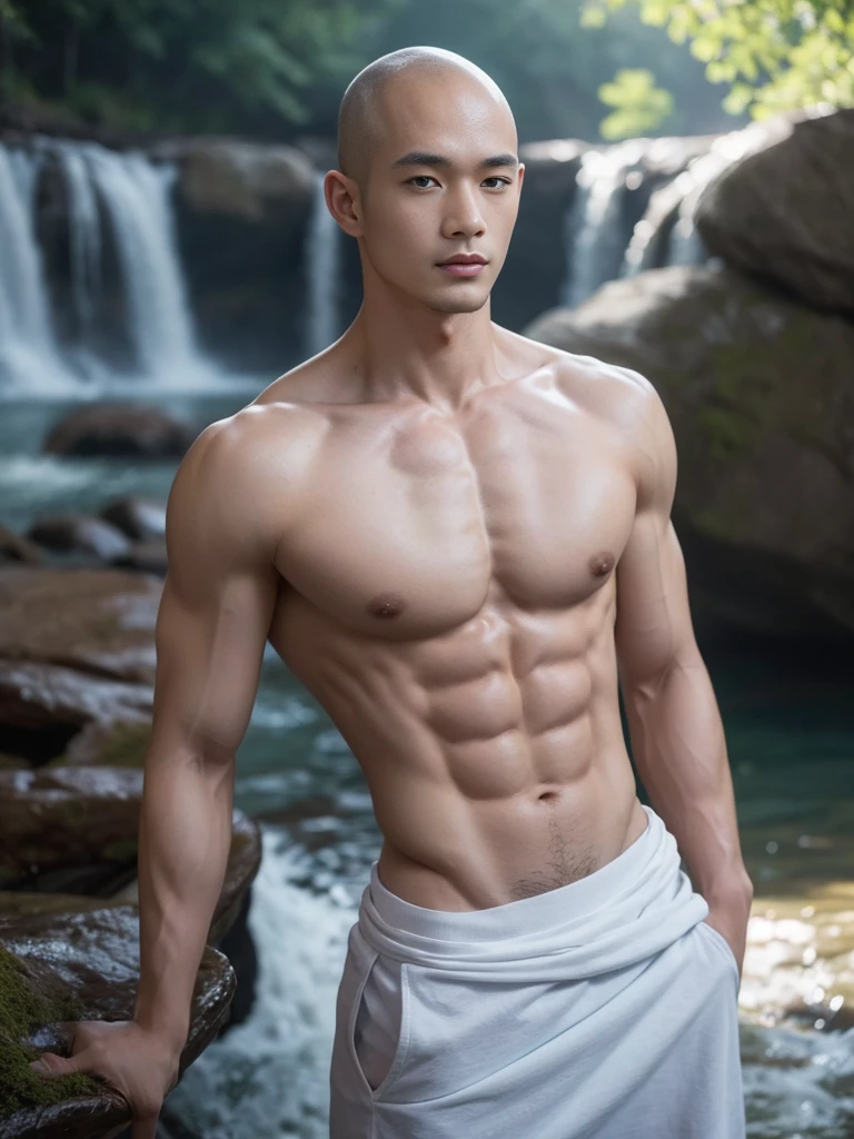 Young muscular Vietnamese monk, Detailed baldness, tractor head, shirtless :: shirtlessคลุม, Buddhism, quiet, Dark brown coat with details., Take the whole body, Walking posture :: Manly, Look at the camera, (Make eye contact), manhood posture, Manly deportment, Have morals, masculinity, manhood, very detailed facial parts, very detailed neck, Manly, waterfall background, happy expression, professional photos, soft focus, (8ก, raw photos, best quality, Masterpiece:1.2), very detailed, Ultra high resolution, perfect anatomy, ส่วนของร่างกายที่very detailed, The body is very symmetrical., Asia, 18 years old, shirtless :: Highly detailed, detailed face, Detailed eyes, proportional eyes, very detailed mouth, Leaky abdomen :: very detailed, thin, small waist, realistic, human skin, นิ้วที่very detailed, handsome chad chin, shirtless, Be a man, human skin, handsome, charming, Highly detailed RAW color photo, depth of field, Photo taken from the front, perfect composition, very detailed hands, very detailed fingers