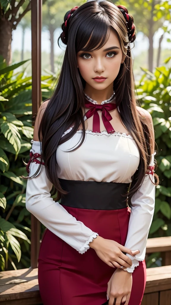 best quality, (photorealistic:1.2), 1girl, solo, detailed face, face focus, standing, black hair,(hair ornament:1.35),office lady, ribbon-trimmed sleeves, detached sleeves, ribbon trim, wide sleeves, (looking at viewer:1.5) long hair, black eyes, bangs, lips,