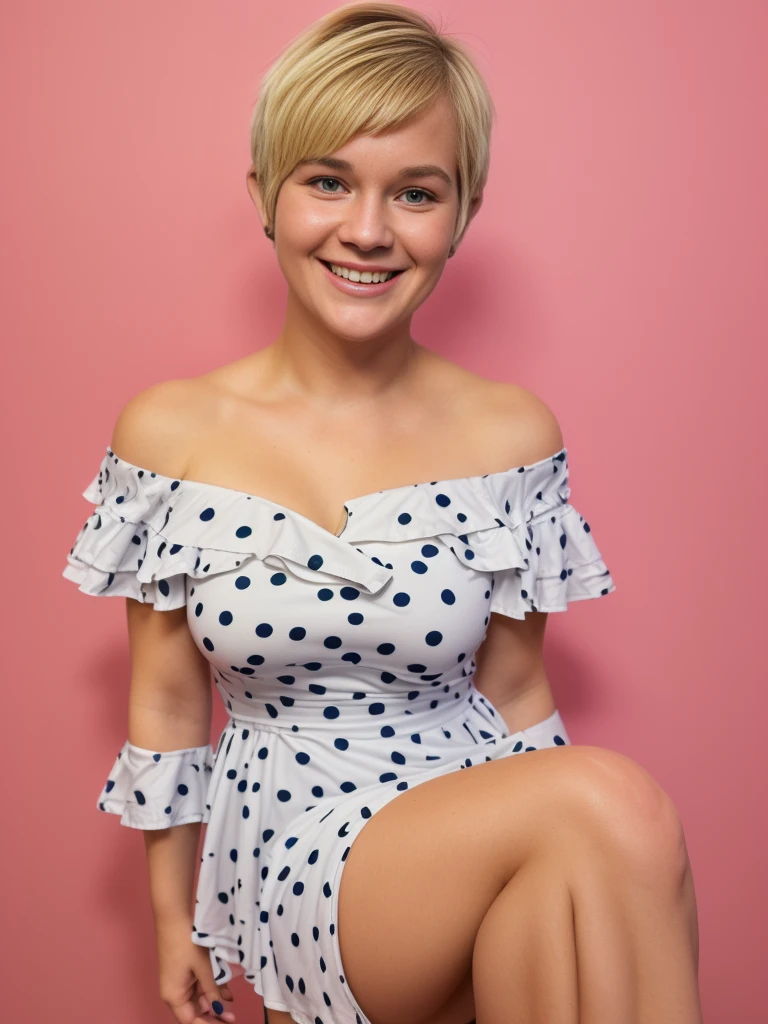 1girl, solo, (((Caucasian French))), realistic, consistent face and body, (Caucasian face), (Caucasian nose), Caucasian lips), ((chubby)), ((short blonde hair), background: spots in France, wearing off shoulder dress, upper body and upper legs, smiling, wide shot