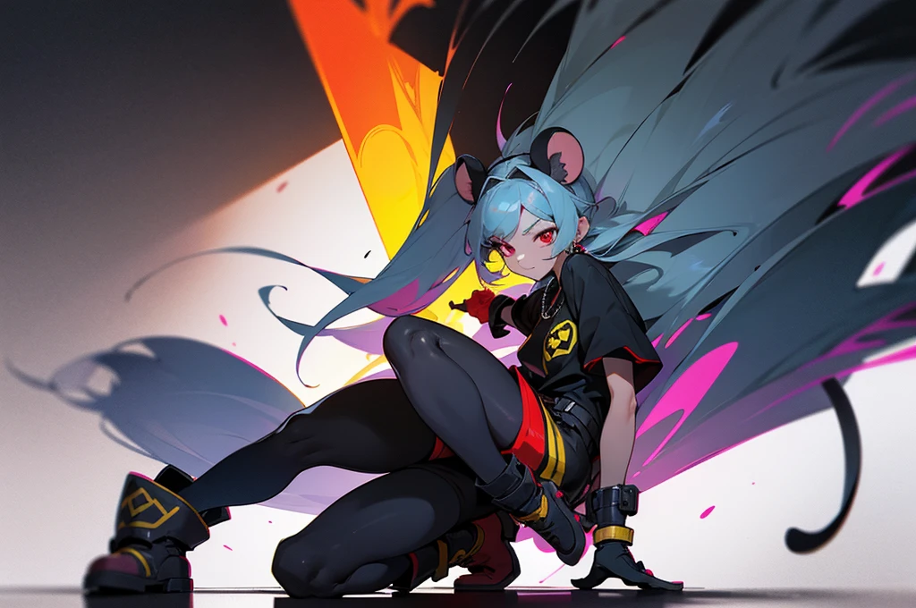 Appearance (Updated)
1. Face and Hair:
• Face: Cute with a slightly mischievous expression.
• Hair: Silver or gray, either short or long with a fluffy style.
2. Ears and Tail:
• Ears: Human ears, with mouse-inspired hair accessories or earrings.
• Tail: None. Instead, use mouse-tail-inspired accessories on the waist or bag.
3. Eyes:
• Color: Red. Large and expressive.
Outfit (Updated)
1. Top:
• Design: Black base with an illustration in yellow and red symbolizing a mouse’s victory over a cat.
2. Bottoms:
• Color: Metallic-colored shorts.
3. Footwear:
• Design: Slim, comfortable boots.
4. Accessories:
• Belt, bracelet, or necklace with mouse motifs. Small cheese or mouse designs as accents.
Background and Situation
• Background: Alley in a night-time city. Neon lights reflect off the walls, with graffiti and trash cans adding to the urban feel. A shadowy cat figure in the background hints at the mouse’s victory.
• Situation: The character is striking a triumphant pose. One foot on a trash can, holding a small flag or trophy, symbolizing victory.
Illustration Effects
• Light Effects: Use reflections and shadows from neon lights to highlight the character’s outline, especially emphasizing the red eyes with highlights.
• Dynamic Pose: Create a sense of movement with the character’s pose, showing them proud and active. Hair and clothes should flow to enhance the dynamic feel.
• Color Contrast: The black top with yellow and red illustration should stand out against the neon background, making the character pop.
• Texture: Realistically depict the metallic shorts and boots, focusing on the shine and reflection to give a premium look.
Combine these elements to create an engaging and memorable illustration.