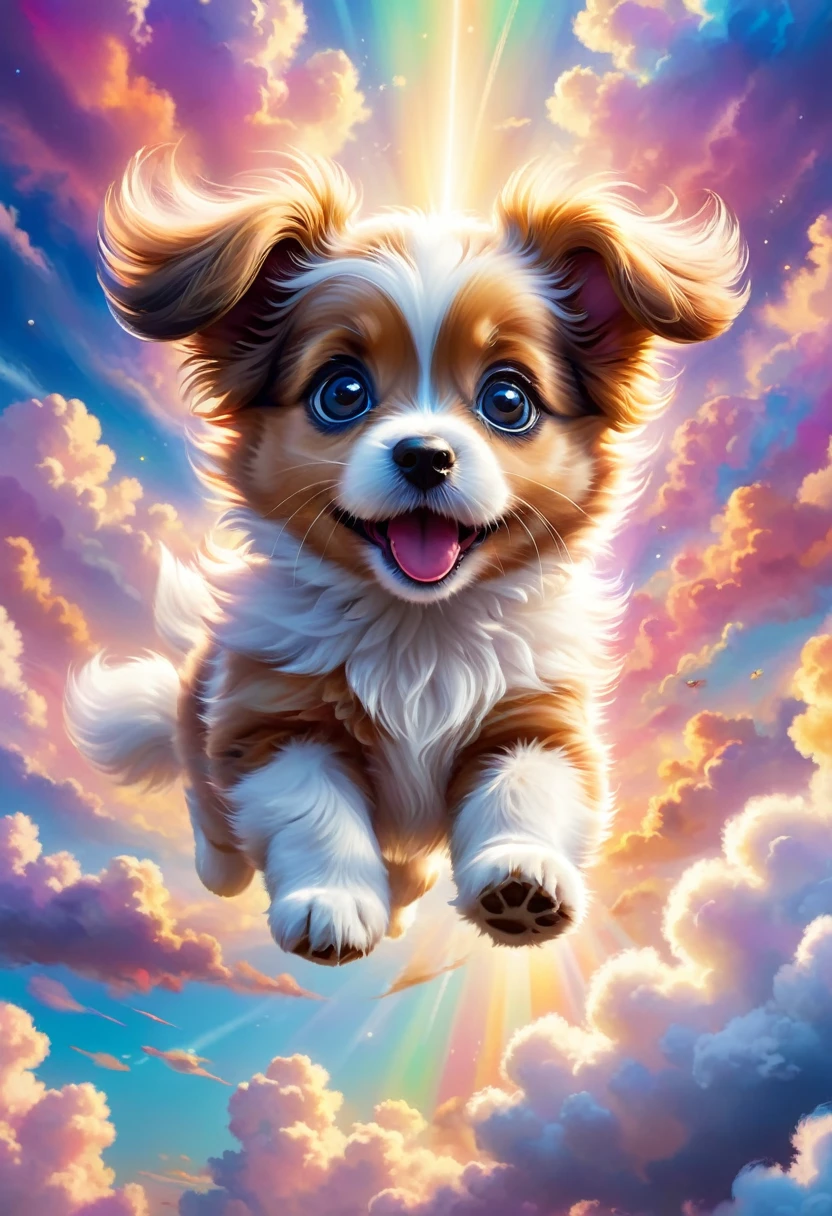A cute puppy flying through the sky, playful and joyful, adorable puppy with fluffy fur, big eyes and happy expression, puppy soaring gracefully through the clouds, magical fantasy scene, vibrant colors, whimsical lighting, highly detailed, 8k, photorealistic, digital art