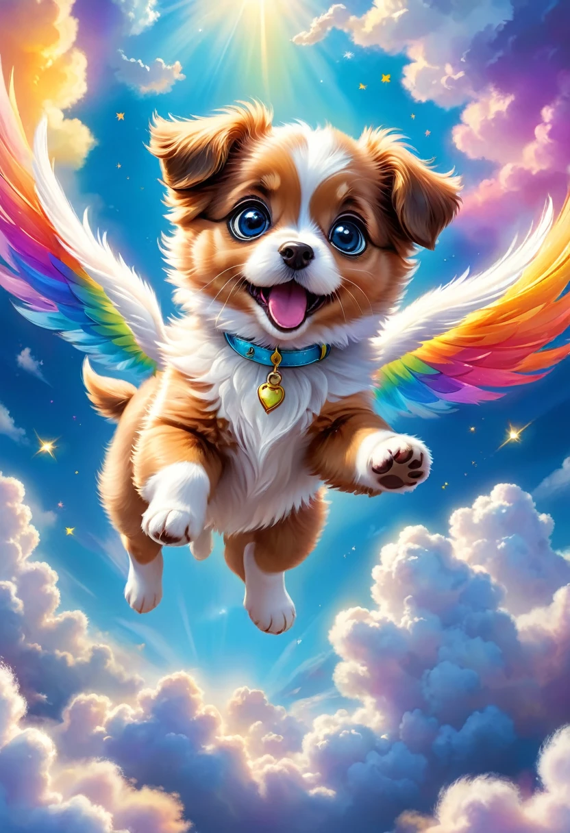 A cute puppy flying through the sky, playful and joyful, adorable puppy with fluffy fur, big eyes and happy expression, puppy soaring gracefully through the clouds, magical fantasy scene, vibrant colors, whimsical lighting, highly detailed, 8k, photorealistic, digital art
