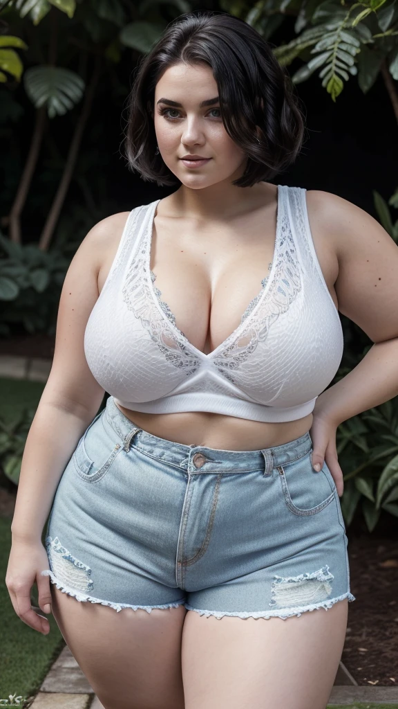 Beautiful Chubby girl, 19 years old, posing in the garden, Aesthetic artwork, Polish beauty, pale skin, straight black hair, medium short haircut, (green eyes), some, (big breasts), curvy body, detailed skin texture, (extremely detailed 8k wallpaper), soft lighting, high quality, film grain, Fujifilm XT3 sharp focus, High Detail, Sharp focus,(natural light), (wearing white tank top), tight blue shorts cleavage, crazy details, complex details, hyper detailed, voluptuous, chubby