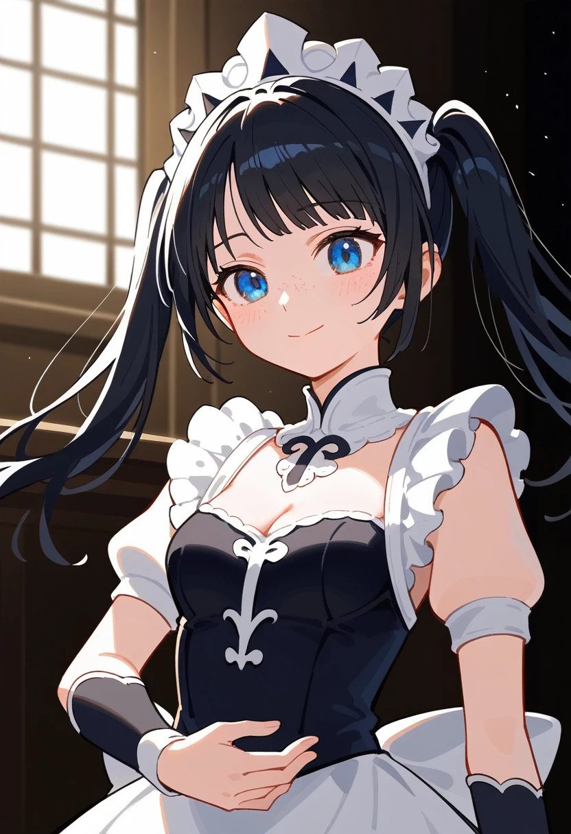 score_9, score_8_up, score_7_up, source_anime, best quality, high resolution, masterpiece, absurdres,vector trace,anime screencap, key art style, cinematic lighting, morning, 1girl, solo, standing, (upper body, close-up), medieval, dark background, ballroom, maid, happy, french maid outfit, cleavage, freckles, twin-tails, teenager, medium breasts, eccentric, black hair, blue eyes, :D, holding own hands down