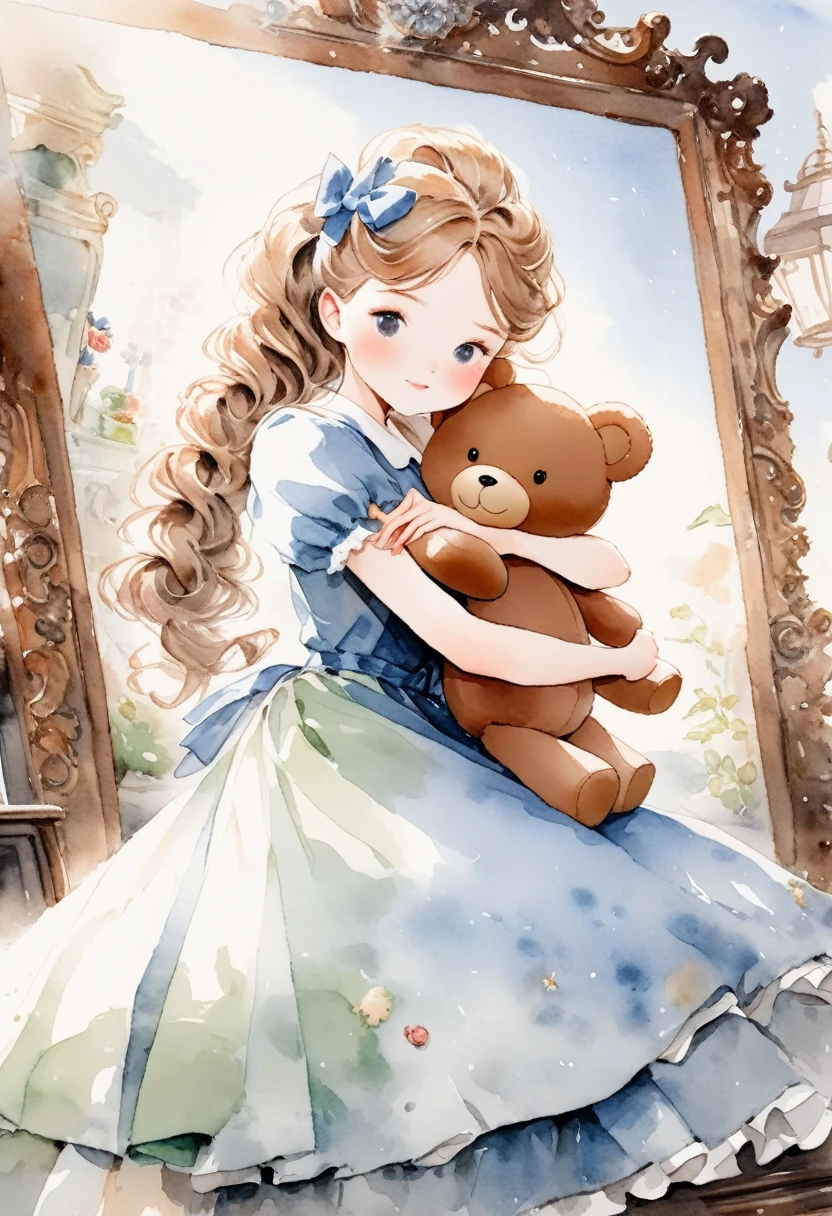 ((antique:1.5)),((hugging a teddy bear)),(Teddy bear),Beautiful and cute woman,1 Female,Solo,Sharp features,Sophisticated,((Hand-drawn watercolor:1.5)),whole body,Ultra-high resolution,((Attention to detail:1.5)),Highest quality,(vintage:1.4),(Cute pose:1.3),Alice,So adorable,model like,Fluffy atmosphere,(Accurate body),((antiqueな服)),(Super Detail),Fashionable hairstyle,