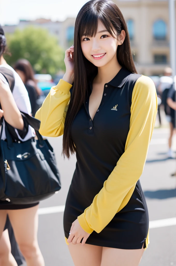 (masterpiece:1.2, Highest quality), (Realistic, photoRealistic:1.4), (Natural Side Lighting, Cinema Lighting), Browsing Caution,
View your viewers, Cowboy Shot, Front view:0.6, 1 girl, Korean beauty 20 years old, Perfect Face, Cute and symmetrical face, Glowing Skin,
(Long Hair:1.8, Straight hair:1.7, Hair Intake, Black Hair), Blunt bangs, (Large Breasts:0.8, Thick thighs),
Beautiful Hair, Beautiful Face, Beautiful attention to detail, Beautiful clavicle, Beautiful body, Beautiful breasts, Beautiful thighs, Beautiful feet, Beautiful fingers,
((brown camisole dress, Street Style, Long sleeve polo shirt(white))),
(Beautiful views), evening, River side, Are standing, (Half an eye,Cute smile, Upward glance),