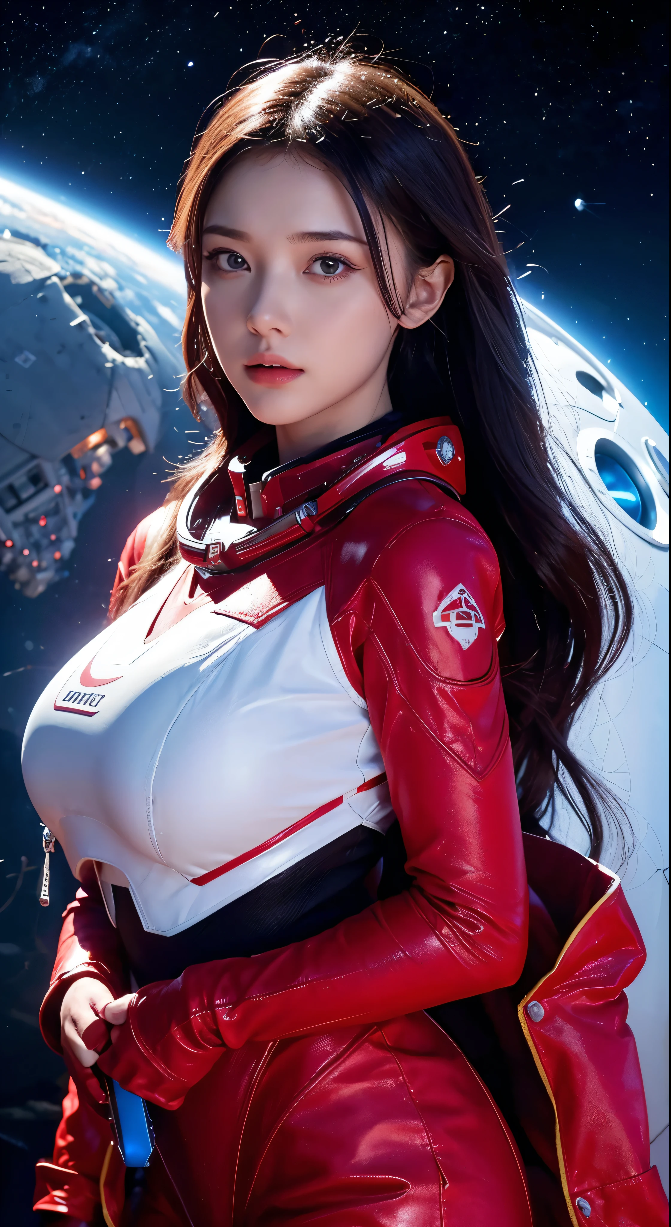 Arafe image of a woman in a futuristic red suit with a spaceship in the background、In front of the planet background、Cinematic art、Female protagonist、Megastructure in the background、AI Astronaut Portrait、Astronaut Skeletor portrait、Perfect android girl、Beautiful astronaut，Facial details