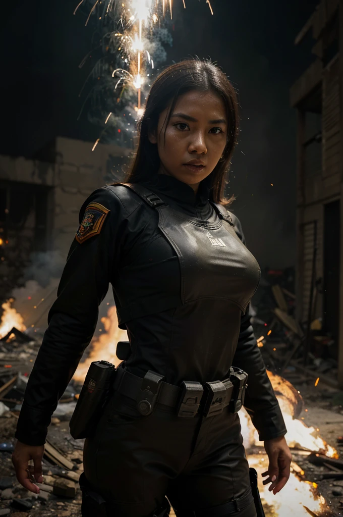 Super low angle shot from below.,Beautiful Indonesian woman,wearing Indonesian army special forces clothes,dark night,war simulation,firearm shooting effects,lots of toy bullets in flour,smoke and sparks effects,standing on enemy body,enemy suit light brown, Burning background destroys buildings and troops of cars. atmospheric, dramatic, cinematic photos, hard focus realism