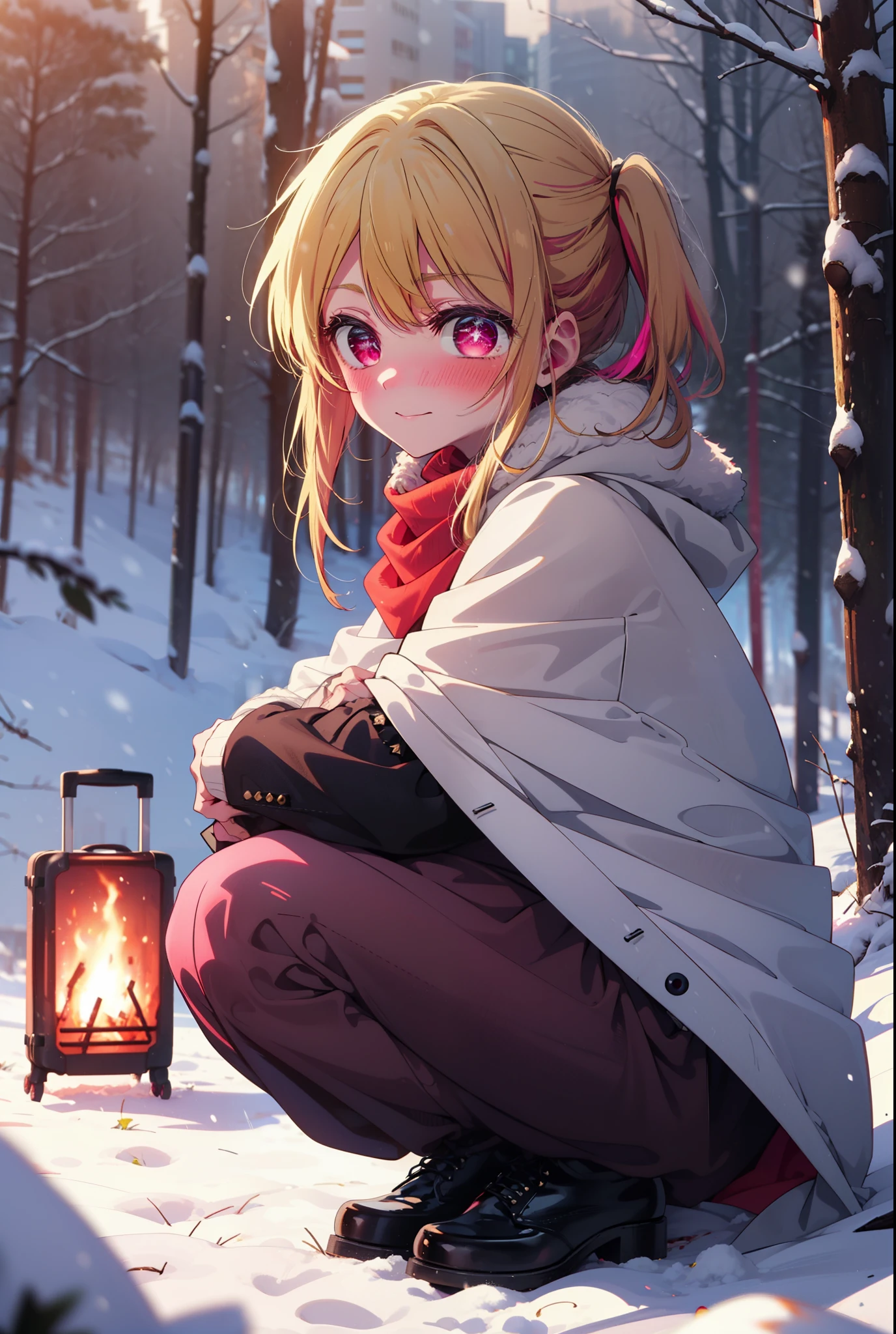 rubyhoshino, Hoshino Ruby, Long Hair, bangs, blonde, (Pink Eyes:1.3), Side Lock, (Symbol-shaped pupil:1.5), Multicolored Hair, Two-tone hair, smile,,smile,blush,white breath,
Open your mouth,snow,Ground bonfire, Outdoor, boots, snowing, From the side, wood, suitcase, Cape, Blurred, , forest, White handbag, nature, Squat, Mouth closed, Cape, winter, Written boundary depth, Black shoes, red Cape break looking at viewer, Upper Body, whole body, break Outdoor, forest, nature, break (masterpiece:1.2), Highest quality, High resolution, unity 8k wallpaper, (shape:0.8), (Beautiful and beautiful eyes:1.6), Highly detailed face, Perfect lighting, Extremely detailed CG, (Perfect hands, Perfect Anatomy),
