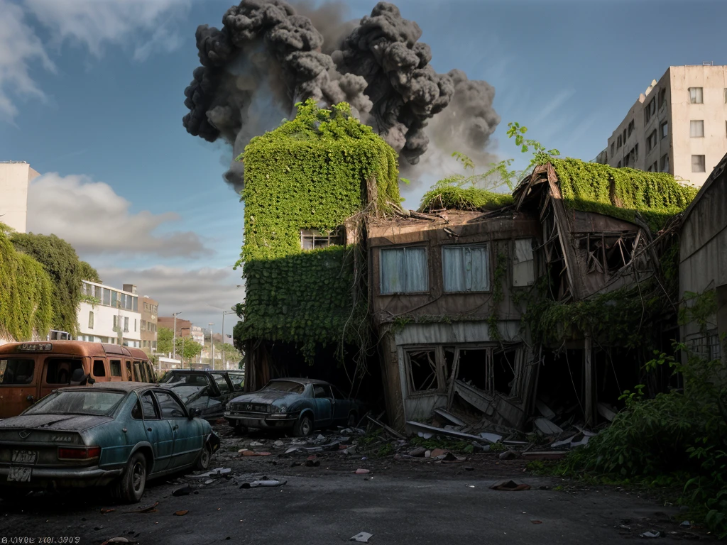 The photograph shows an apocalyptic street view of a financial center 150 years after the fall of human civilization. The buildings and streets are ruined and covered with lush vegetation up to the roof. There are rusty car wrecks staying in disarray on the street, also overgrown with vegetation. The whole is illuminated by sharp sunlight creating an interesting chiaroscuro, and in the distance there is a delicate blue morning mist.
