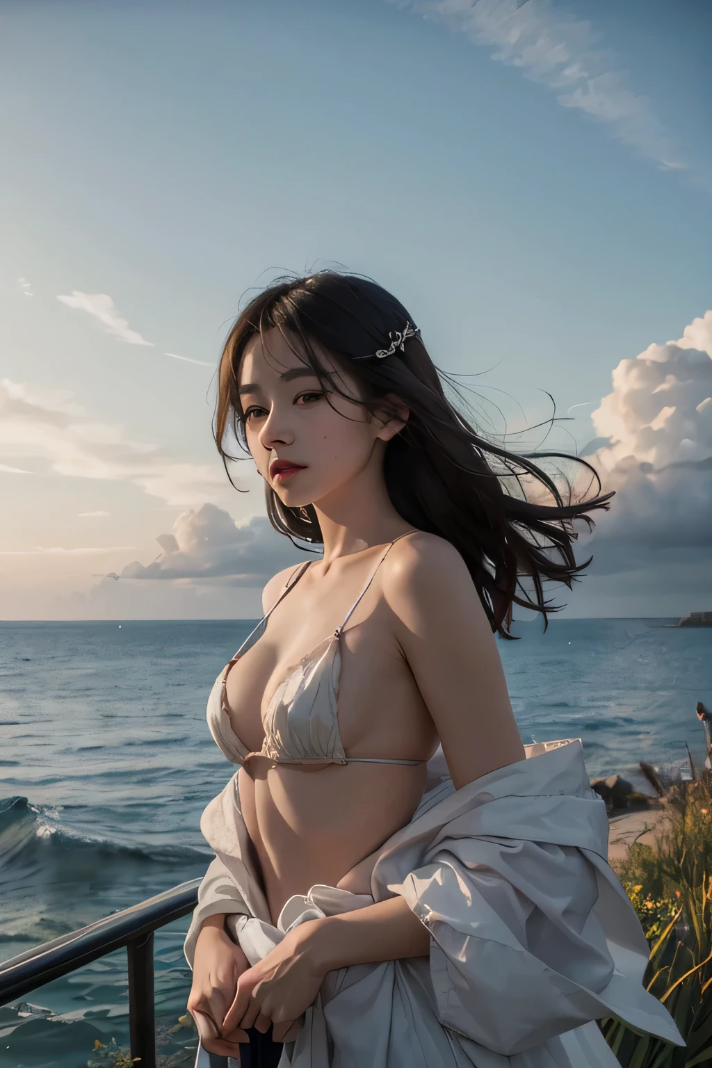 A half-naked princess with a flushed face And a sky of faint clouds like Monet&#39;s、Grassland and an old-fashioned building in the distance　Leg spread　dorsal position