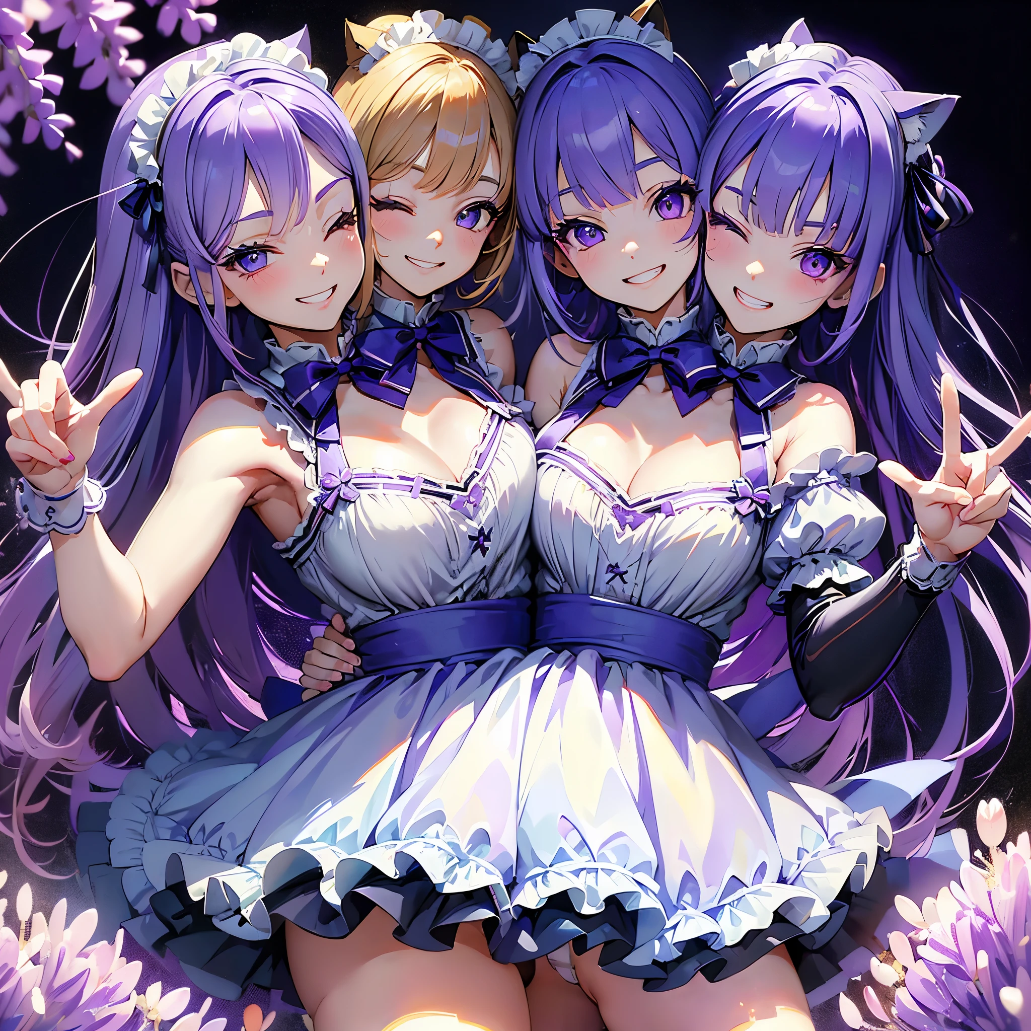 (masterpiece, best quality), best resolution, (2head:1.5), 1girl, catgirl, lavender hair, lavender eyes,rght head has right eye open and left eye closed,left head has left eye open and right eye closed, smile, happy, grin, playful, peace sign with one hand, blue maid outfit, mansion gateway