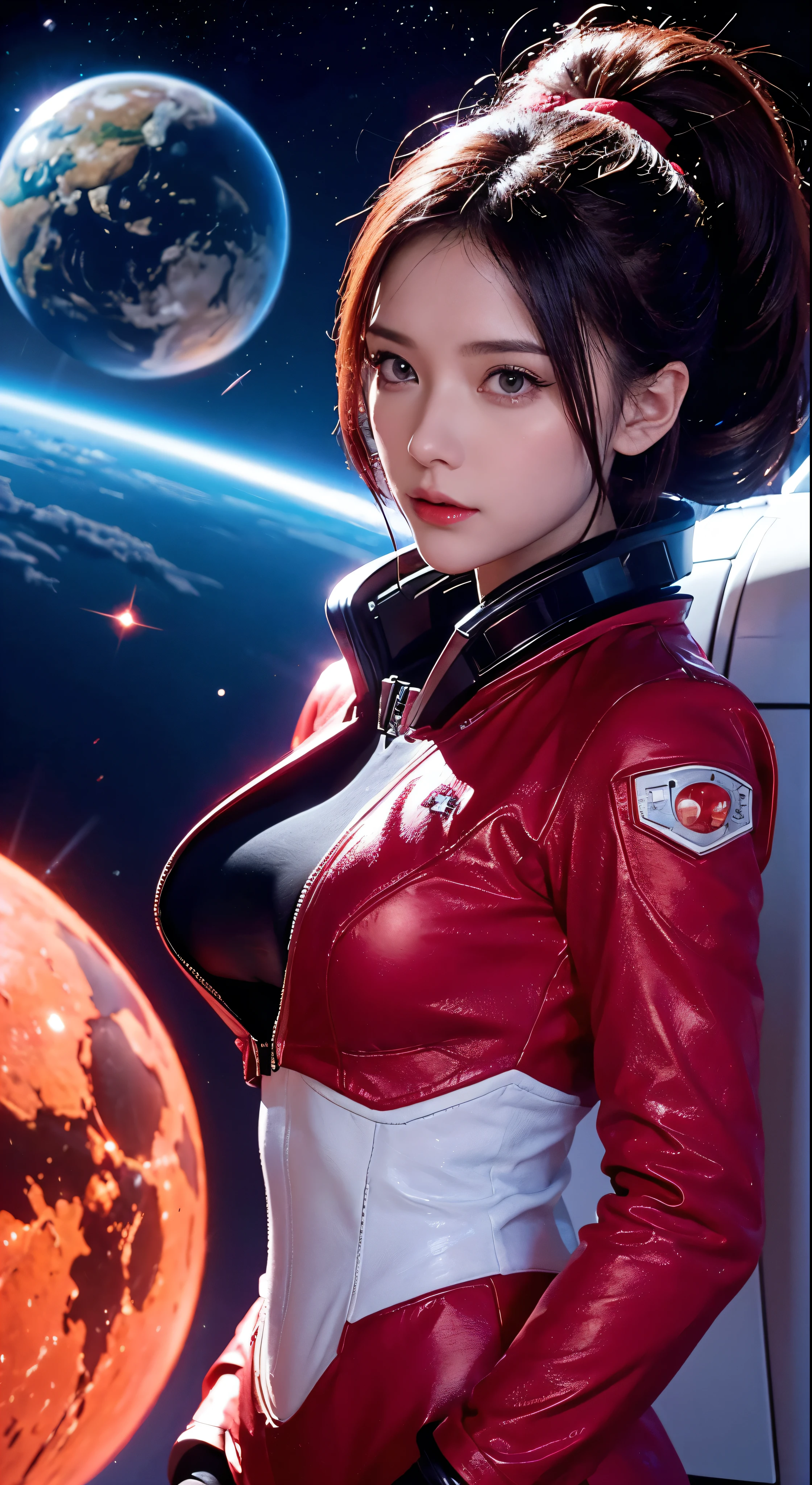 Arafe image of a woman in a futuristic red suit with a spaceship in the background、In front of the planet background、Cinematic art、Female protagonist、Megastructure in the background、AI Astronaut Portrait、Astronaut Skeletor portrait、Perfect android girl、Beautiful astronaut，Facial details