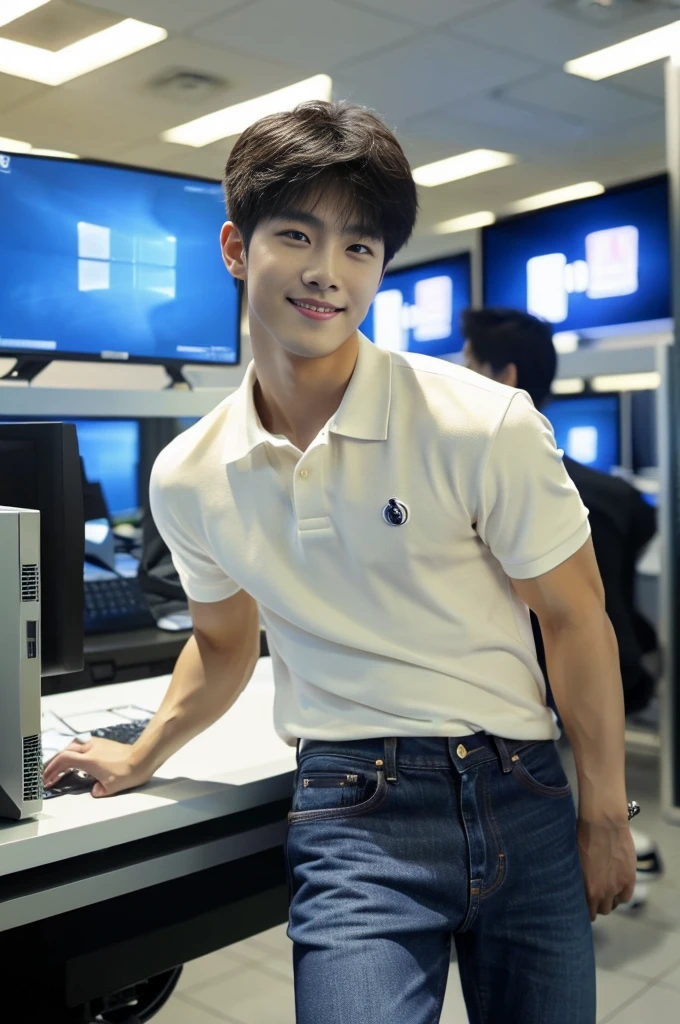 ((realistic daylight)) , (Young Korean man in a polo shirt) , Jeans, A handsome, muscular young Asian man looks at the camera.  , In a computer shop ,turn sideways, smile