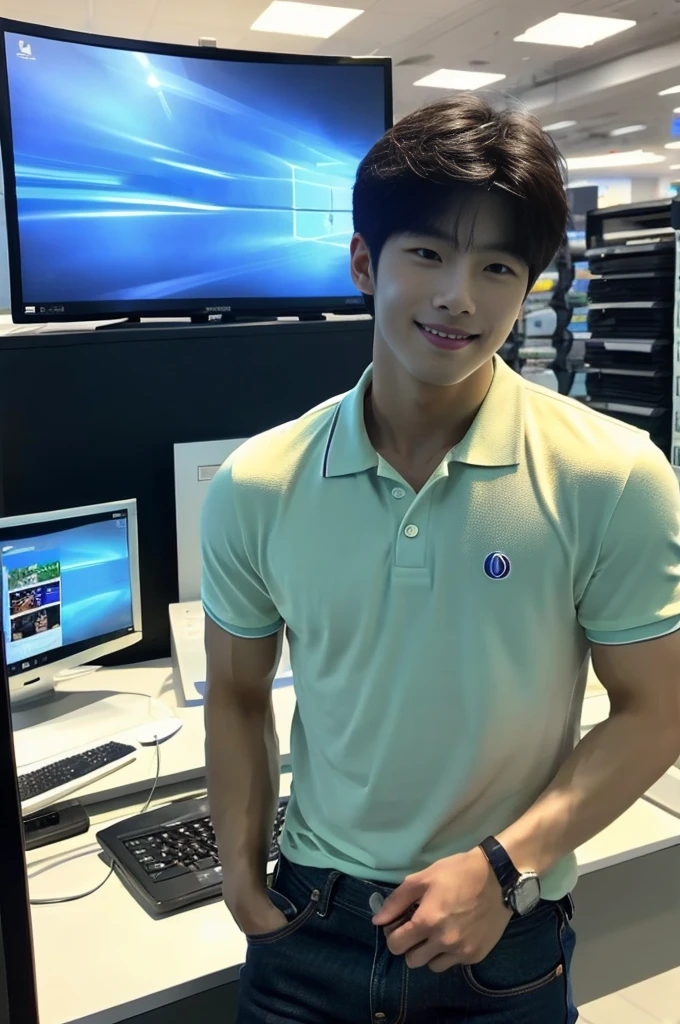 ((realistic daylight)) , (Young Korean man in a polo shirt) , Jeans, A handsome, muscular young Asian man looks at the camera. , In a computer shop ,turn sideways, smile
