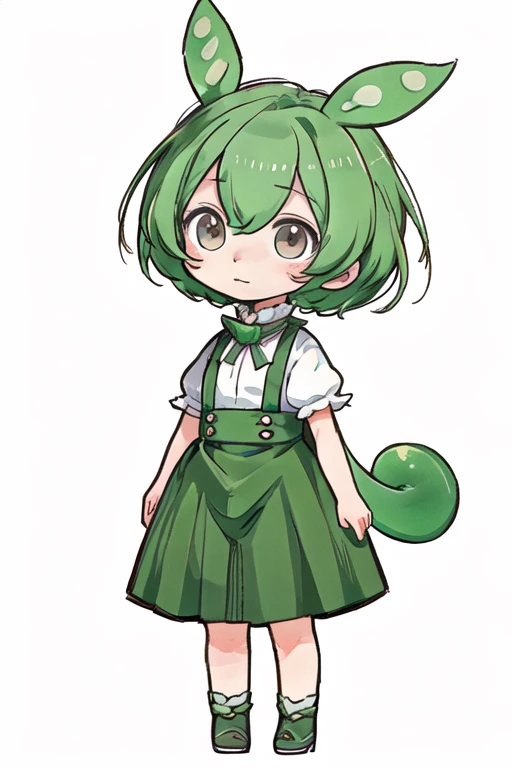 extremely delicate and beautiful, amazing,masterpiece, (Depth of field:1.2), 1girl, (white clothes:1.6), green pants,green short hair, suspenders, (simple background, white background:1.8),looking at viewer,
 chibi