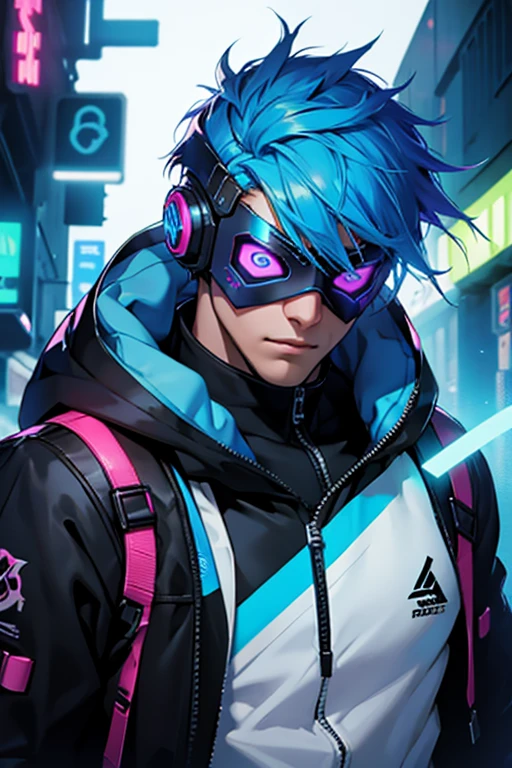 male character ,cyber punk , neon azul , masked hood