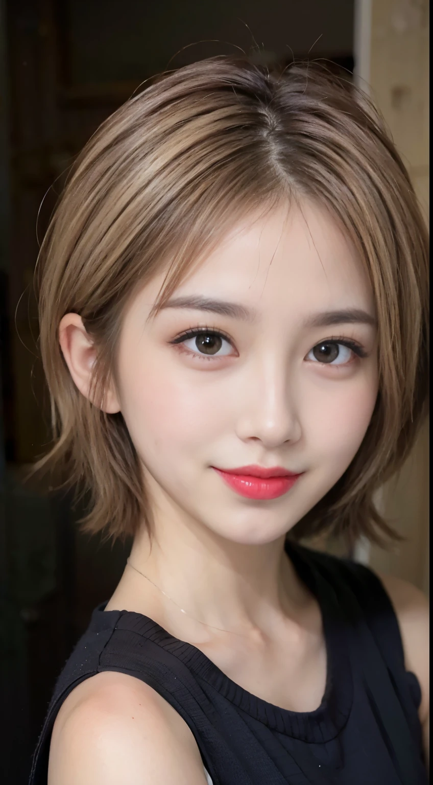 blush a little and smile, (Top quality masterpiece:1.2) Delicate illustrations, Very detailed, /Beautiful Japanese Women、1 person,Very cute and slim、Great style 、((8K images、super high quality))、Very delicate face, Skin and Hair、beautifule forehead、Red lipstick、(((((short hair、Blonde、lure))))),Very cute Japanese cut face、Eyes and nose are clearly visible、Kind eyes,((((Sleeveless fashion))))