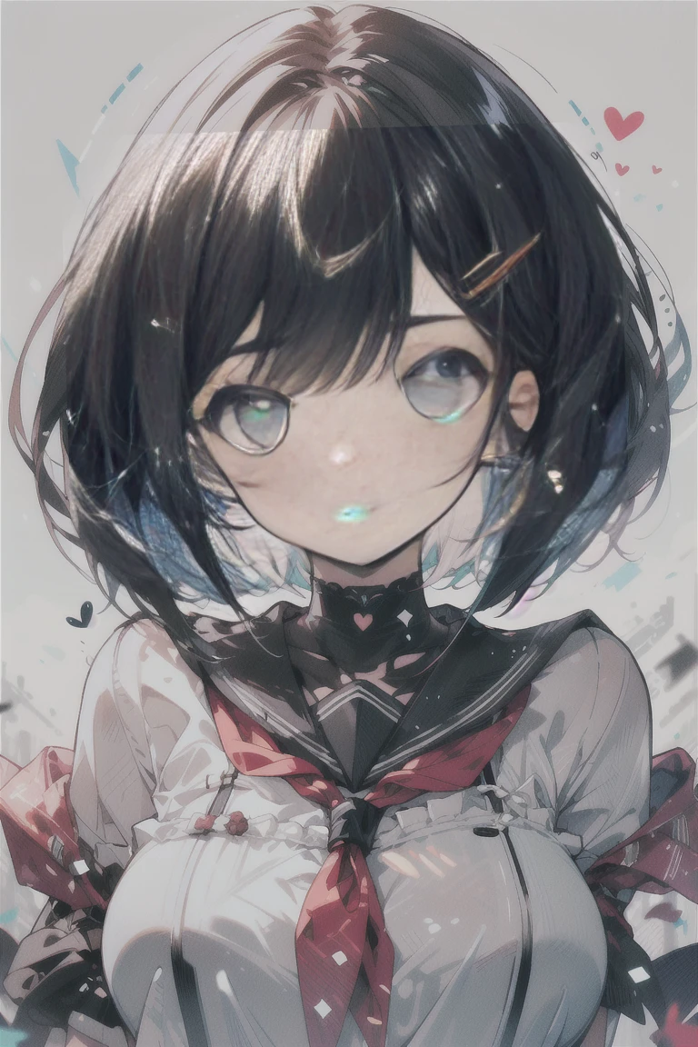(best quality), (Super detailed), (Best Illustration), (masterpiece), score_9, score_8_up, score_7_up, (4k), (1woman), (white serafuku), (large breasts), {brown hair, (sideburns), (bob cut:1.3), curly hair, hairs between eyes, colored inner hair}, blue eyes, embarrassed, nose blush, earring,