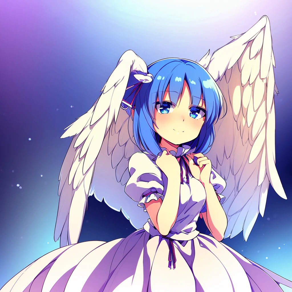 (best quality,4k,8k,highres,masterpiece:1.2), top-quality(masterpiece), top-quality, ultra-detailed, highly detailed texture, intricate details, high quality textures, A cute teenage angel with blue eyes, big pink ribbon in her hair, drawn in anime style, 1girl, (((1girl in))), , 10 years old, (((loli))), ((childish)), medium blue hair, hair flaps, pink ribbon on head, well-formed face, Beautiful face, blue eyes, pretty eyes, angel girl, white blouse, puffy short sleeves, red ribbon, angel wings, long white skirt, red shoes, frills, ribbon head, A pair of angel wings on the back, clean line drawings, cute, perfect symmetrical face