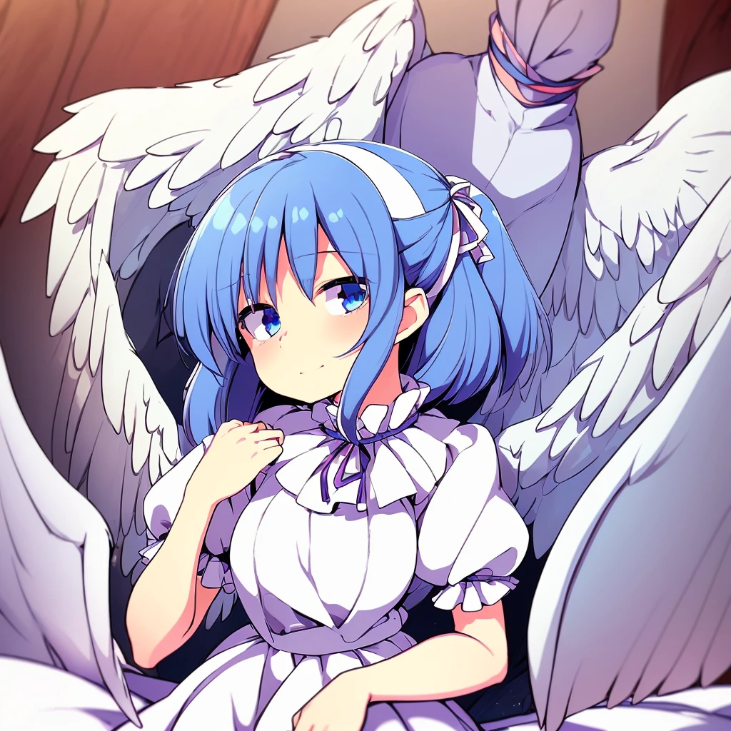 (best quality,4k,8k,highres,masterpiece:1.2), top-quality(​masterpiece), top-quality, ultra-detailed, highly detailed texture, intricate details, high quality textures, A cute teenage angel with blue eyes, big pink ribbon in her hair, drawn in anime style, 1girl, (((1girl in))), , 10 years old, (((loli))), ((childish)), medium blue hair, hair flaps, pink ribbon on head, well-formed face, Beautiful face, blue eyes, pretty eyes, angel girl, white blouse, puffy short sleeves, red ribbon, angel wings, long white skirt, red shoes, frills, ribbon head, A pair of angel wings on the back, clean line drawings, cute, perfect symmetrical face