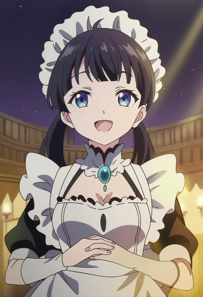 score_9, score_8_up, score_7_up, source_anime, best quality, high resolution, masterpiece, absurdres,vector trace,anime screencap, key art style, cinematic lighting, morning, 1girl, solo, standing, (upper body, close-up), medieval, dark background, ballroom, maid, happy, french maid outfit, cleavage, freckles, twin-tails, teenager, medium breasts, eccentric, black hair, blue eyes, :D, holding own hands down