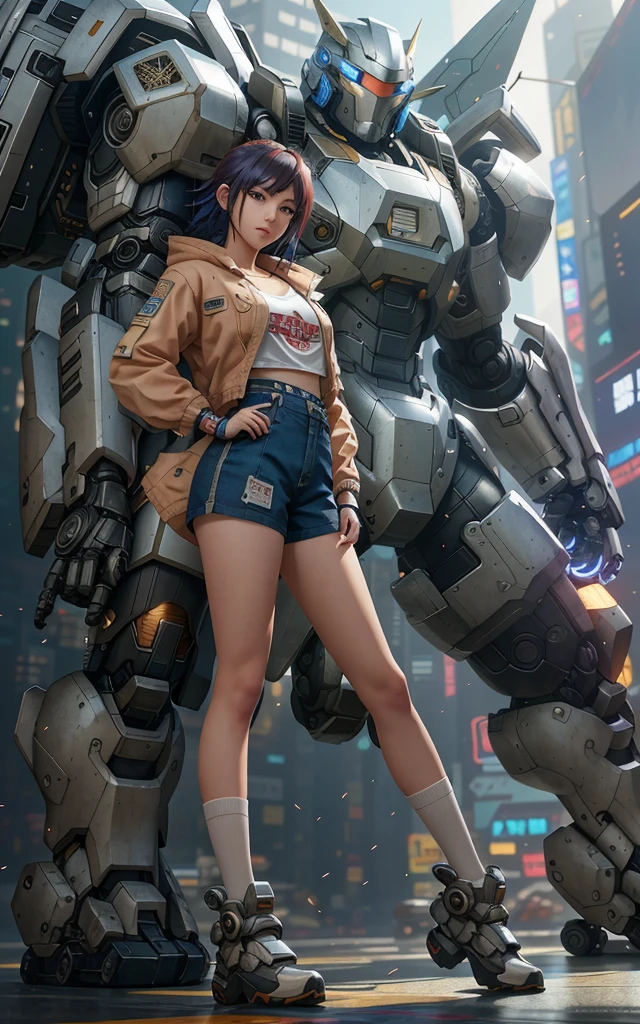 Girl in shorts and short shirt standing next to giant robot, fine portrayal, delicate facial and facial features, masterpiece, cgstation trend, digital cyberpunk anime art, guweiz, Russell Dongjun Lu, Ross Tran 8K, Guweiz style on artstation pixiv, detail depiction, mecha network armor girl, blue eyes, red hair, curved light, big chest, vision looks more outstanding.