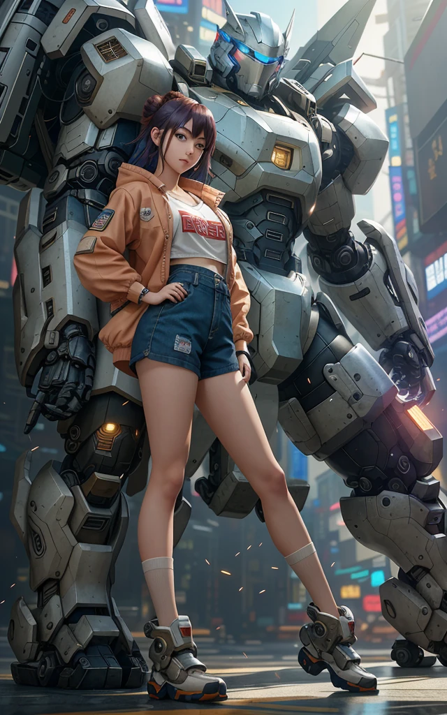 Girl in shorts and short shirt standing next to giant robot, fine portrayal, delicate facial and facial features, masterpiece, cgstation trend, digital cyberpunk anime art, guweiz, Russell Dongjun Lu, Ross Tran 8K, Guweiz style on artstation pixiv, detail depiction, mecha network armor girl, blue eyes, red hair, curved light, big chest, vision looks more outstanding.