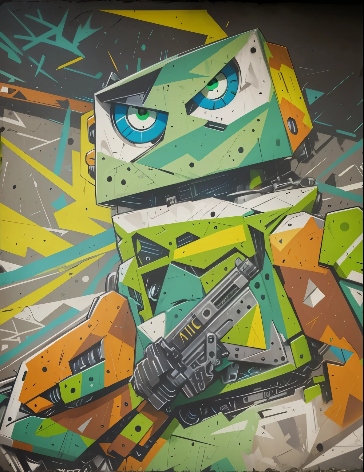 saturated bold graffiti of a cartoon robot, blue eyes, green face, holding guns in its hands, colorful abstract shapes and lines, chaotic, (green, orange, and yellow colors), comic style, (bold lines), text "АПС"
