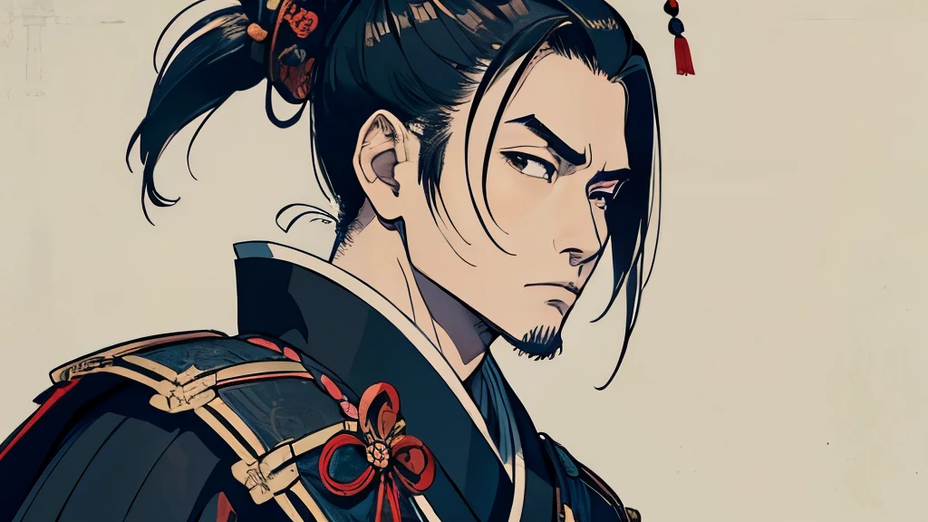 Wearing intricately designed traditional samurai armor、Famous people in Japanese history、Detailed images of Toyotomi Hideyoshi、He tied his topknot.、He has a stern look.、Has an intimidating presence。The background is a traditional Japanese castle、There are many vassals
