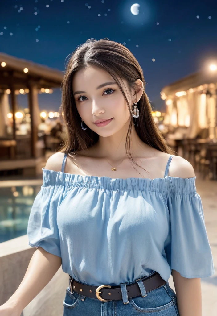 (Masterpiece:1.3), High resolution, Super detailed, Highly detailed CG Unity 8K wallpaper, Real, フォトReal, RAW Photos, Beautiful detailed face, Fair skin, Realな輝く肌, Detailed cloth texture, Detailed hair texture, Perfect Style, Beautiful Face, correct, Anatomically correct, Highly detailed face and skin texture, Natural neck length, (Wet body, Wet Hair:1.1)、
Blake detailed eyes、Symmetrical eyes、Brown eyes、double eyelid、Thin eyebrows、 (Sexy lips:1.3), (A happy smile:1.2), (cheek:1.2)
BREAK、 
((Innocent and cute girl:1.3)), ((She is wearing an off-the-shoulder white blouse:1.4)), (Gold buckle belt), (Skinny jeans:1.2), (Cross strap high heels:1.2), (necklace、bracelet), (Thin hoop earrings), (Pinky ring), (Beautiful blue nails:1.2)、 
Layer Hairstyles、（Brown Hair：1.2）、（Wavy Hair：1.2）、Medium Long Hair、（Large Breasts、Firm breasts、Beautifully shaped breasts：1.1）、
break、 
((Standing to close:1.4))、((looking up at viewer:1.2))、 
((up:1.2)),(Focus on the face:1.2),(From above:1.2),(Outdoors on a stylish beachside terrace),((A night sky with many stars and a big full moon:1.3))、