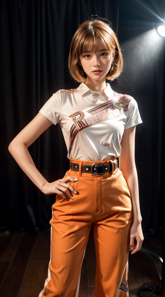 Dilraba dilmurat (Ultra-detailed eyes), (((textile shading))), (((Best Quality))), (((masutepiece))), (((Ultra-detailed CG))), sassy girl, (((magical little girl))), (Petite), (tiny chest), brown blonde hair, brown blonde hair, brown blonde hair, pin up emo, ((wolfcut short hair with bangs, gorgeous hair)), Pink eyes, (((retro style, vibrant orange trousers, paired flawlessly with a striking Tape logo patch-detail belt, y2k))), ((striking a pose)), (((Game CG)) (gorgeous, sassy, it girl), fancy jewelry, full led on background, sparkling led on background, retro light, retro vibe, light retro led, magic disco light led, strong 80s atmosphere, cowboy shot, midshot, centered image, eye on camera, front look