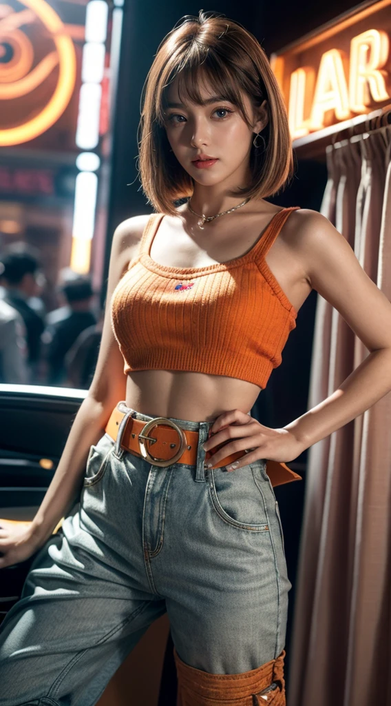 Dilraba dilmurat (Ultra-detailed eyes), (((textile shading))), (((Best Quality))), (((masutepiece))), (((Ultra-detailed CG))), sassy girl, (((magical little girl))), (Petite), (tiny chest), brown blonde hair, brown blonde  hair, brown blonde  hair, pin up emo, ((wolfcut short hair with bangs, gorgeous hair)), Pink eyes, (((retro style, vibrant orange trousers, paired flawlessly with a striking Tape logo patch-detail belt, y2k))), ((striking a pose)), (((Game CG)) (gorgeous, sassy, it girl), fancy jewelry, full led on background, sparkling led on background, retro light, retro vibe, light retro led, magic disco light led, strong 80s atmosphere, cowboy shot, midshot, centered image, eye on camera, front look