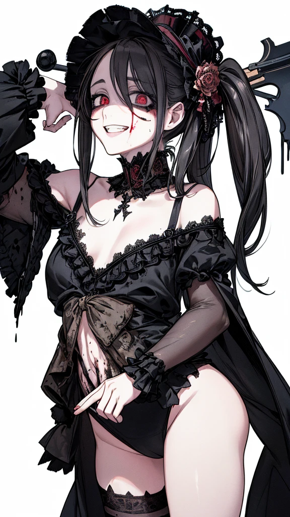 (Masterpiece: 1. 2, top quality), (live action, elaborate detail), (anatomically correct), (one girl, small breasts, open eyes, scary atmosphere, gothic ta outfit, distorted expression, evil smile, bloody eyes, blood splatter, full body, twin tails, black hair, (dark circles under eyes), white, morbid, crazy eyes, ( grin), dramatic makeup, mixed media art, white background