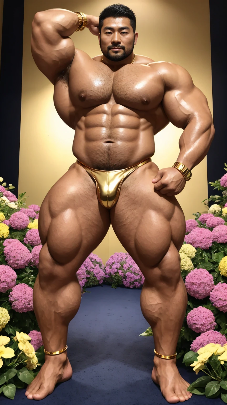 There is only one handsome Chinese man in the photo,35 years old,tall, Fitness,Smooth body,Smooth skin,No chest hair,short hair, O-Shaped Beard,Perfect body, Dark skin color,Radiant Skin,Smooth skin,Shiny, shiny skin,Smooth pectoral muscles,Muscle bulge, muscular, Very large pectoral muscles,Very sexy abdominal muscles,Very well-developed leg muscles,Huge concave and convex area,Brightens oily skin,Wearing a shiny gold leather thong,Handsome face,Normal human toes,Correct and accurate male body proportions,Gold Collar,Gold bracelet,Gold anklets,Stand among the flowers。