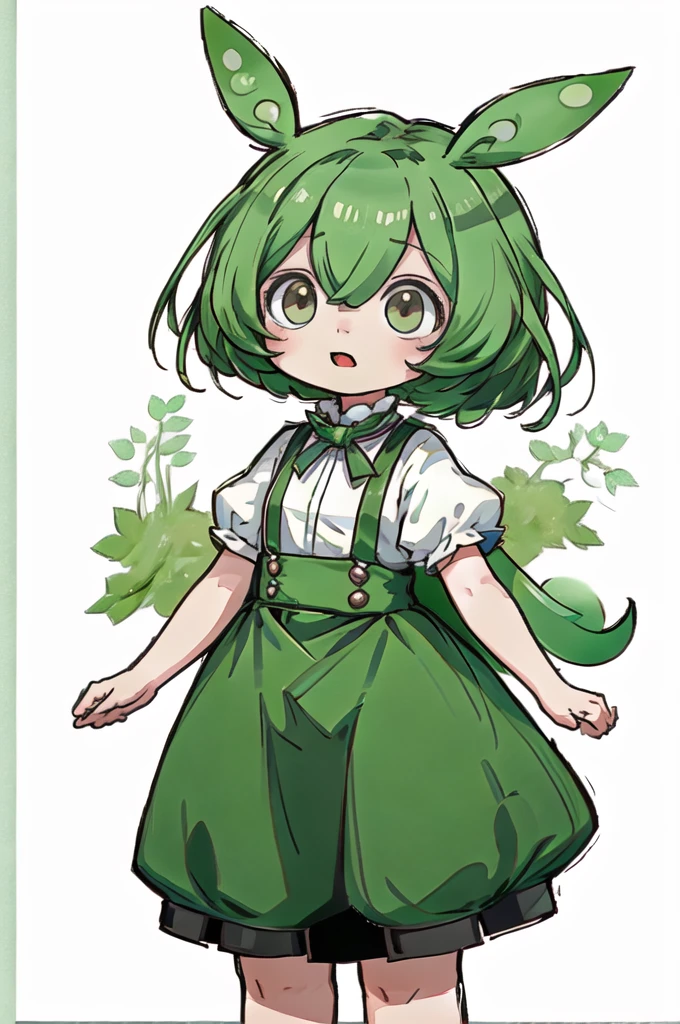 extremely delicate and beautiful, amazing,masterpiece, (Depth of field:1.2), 1girl, (white clothes:1.6), green pants,green short hair, suspenders, (simple background, white background:1.8),looking at viewer,
chibi