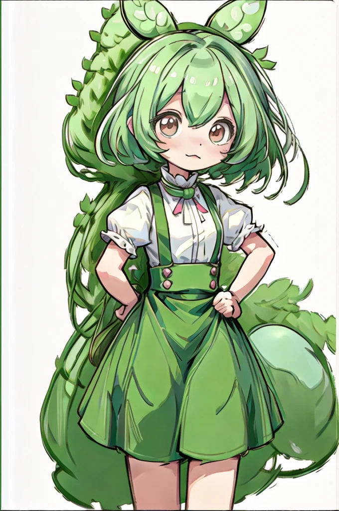 extremely delicate and beautiful, amazing,masterpiece, (Depth of field:1.2), 1girl, (white clothes:1.6), green pants,green short hair, suspenders, (simple background, white background:1.8),looking at viewer,
 chibi